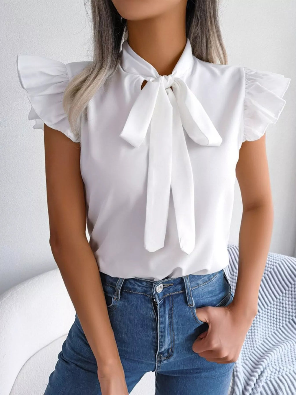 Bow Tie Ruffle Sleeve Blouse Berry Charmz