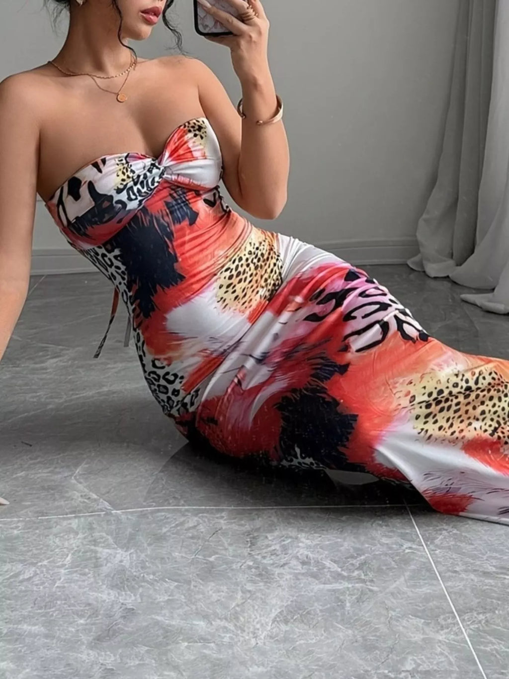 Abstract Print Bodycon Sweetheart Neck Tube Maxi Dress Shopimist