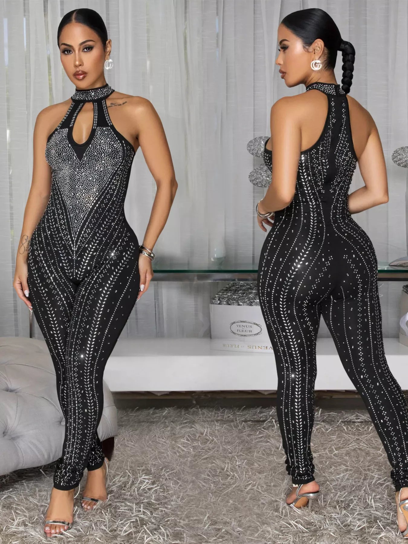 Sparkling Rhinestone Cutout Jumpsuit Shopimist