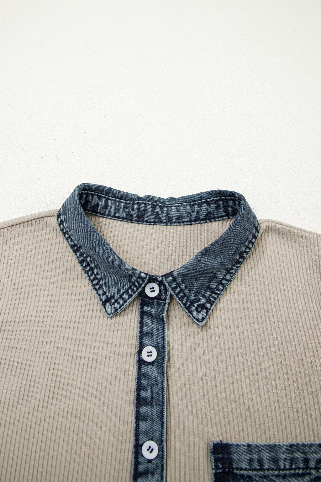 Beige Short Sleeve Ribbed Knit Denim Patchwork Polo Collar Dress I am a Fashion Junky