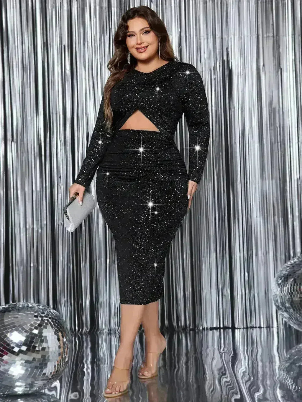 Plus Size Cutout Slit Round Neck Long Sleeve Dress Femstylo