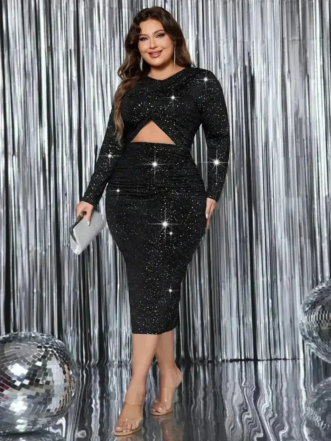 Plus Size Cutout Slit Round Neck Long Sleeve Dress Femstylo