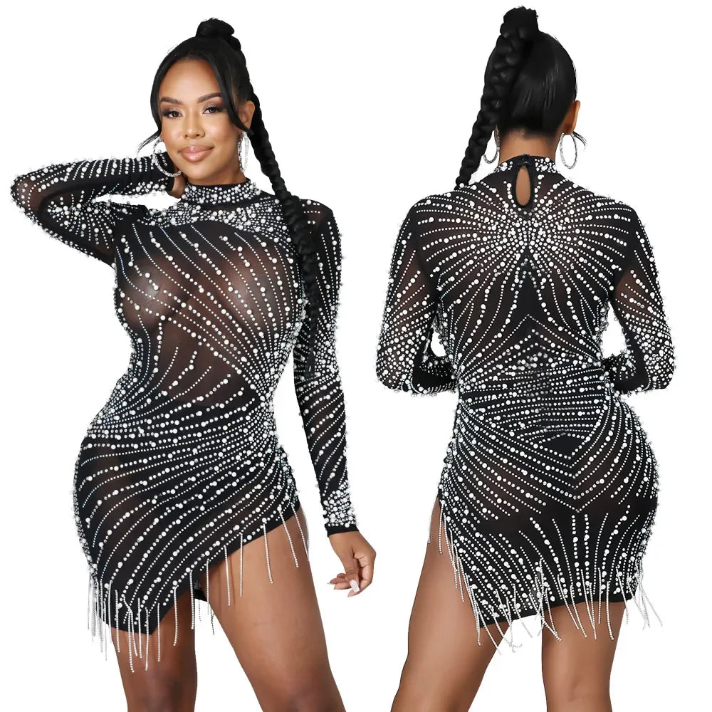 2023 Spring See-Through Mesh Diamonds Dress Women Sexy Slim Elastic Mini Dresses Tassel Lady Club Party Night Outfit