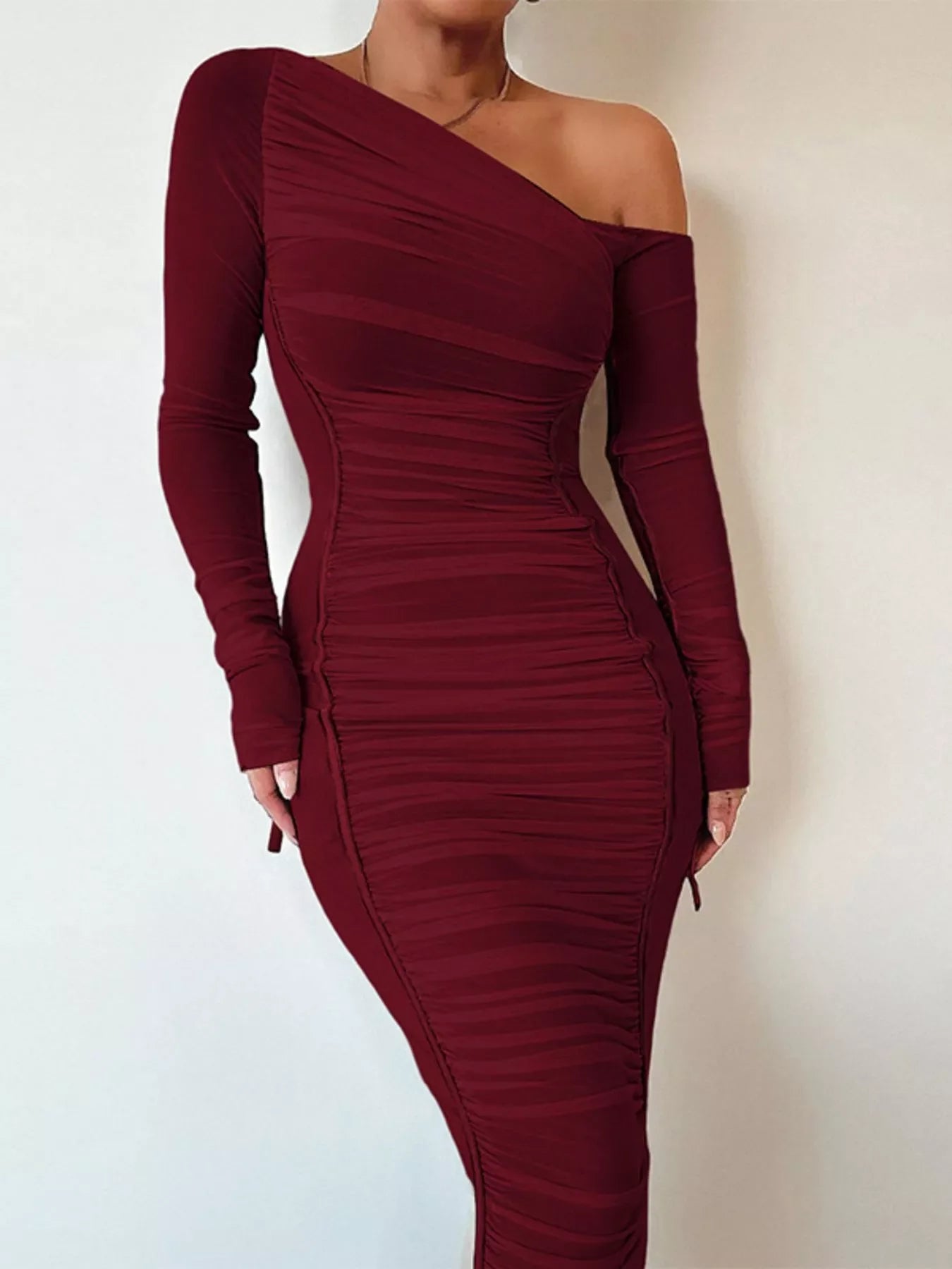 One-Shoulder Ruched Bodycon Midi Dress Shopimist