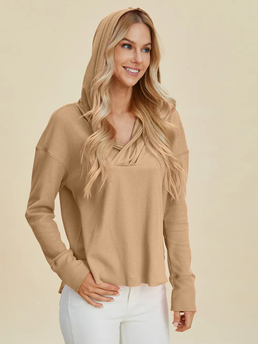 Double Take Full Size High-Low Dropped Shoulder Long Sleeve Hoodie Berry Charmz