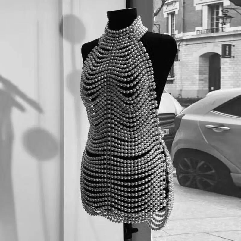Beaded Halter Fashion Party Pearl Chain Dress Royalessencelux