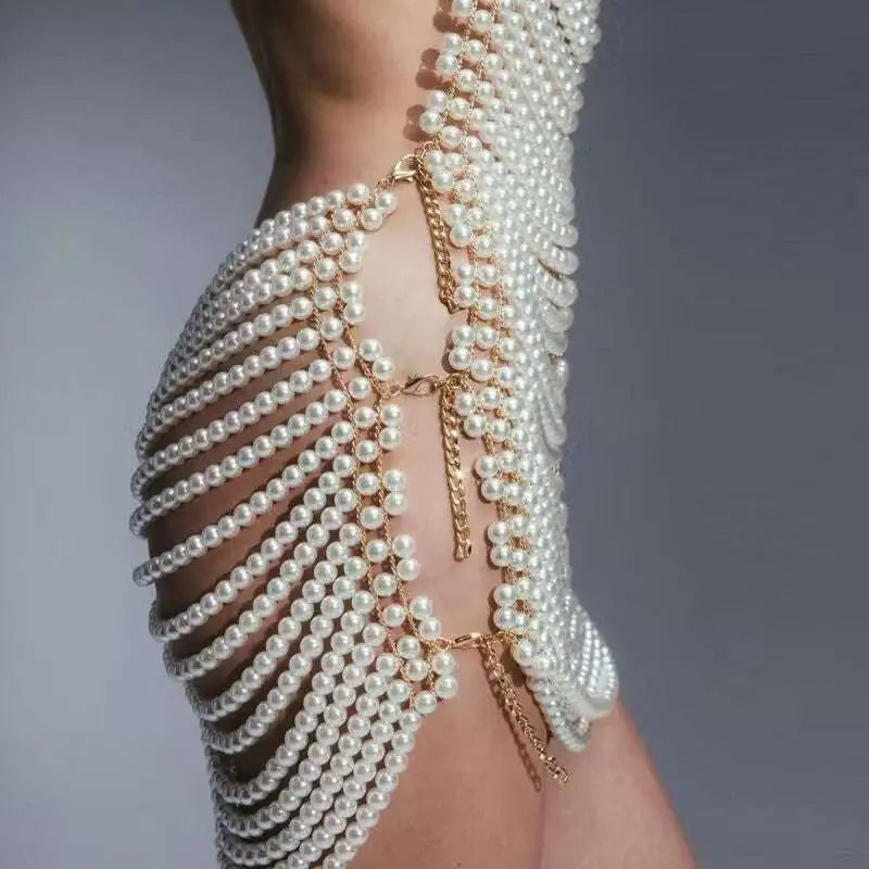 Beaded Halter Fashion Party Pearl Chain Dress Royalessencelux