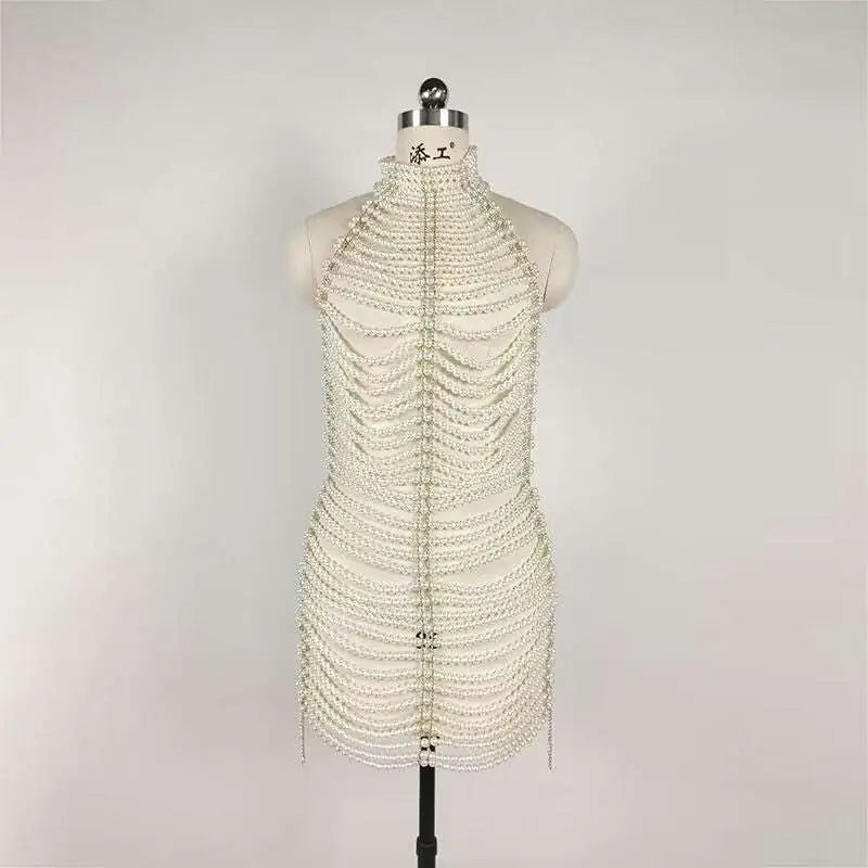 Beaded Halter Fashion Party Pearl Chain Dress Royalessencelux