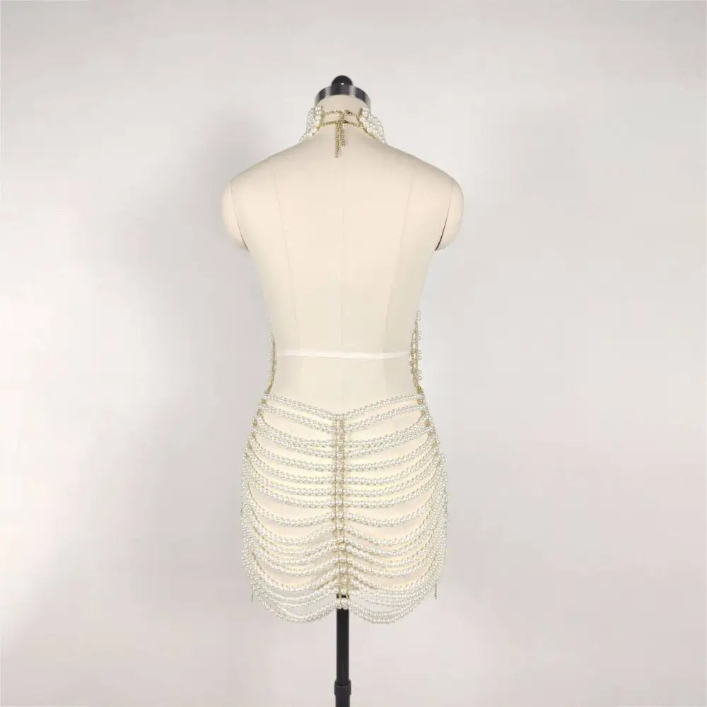 Beaded Halter Fashion Party Pearl Chain Dress Royalessencelux