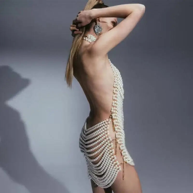 Beaded Halter Fashion Party Pearl Chain Dress Royalessencelux