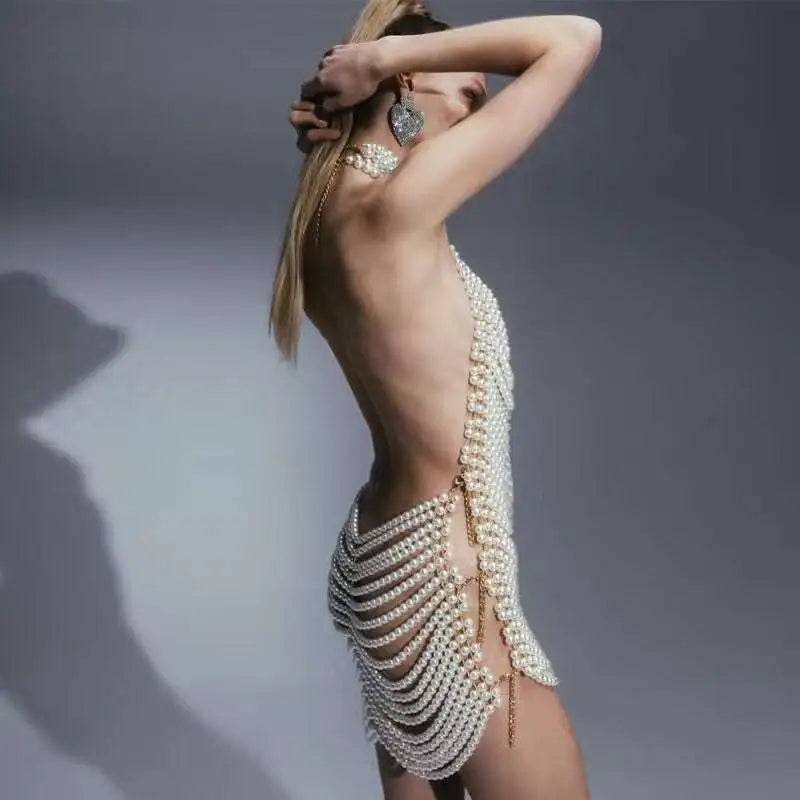 Beaded Halter Fashion Party Pearl Chain Dress Royalessencelux