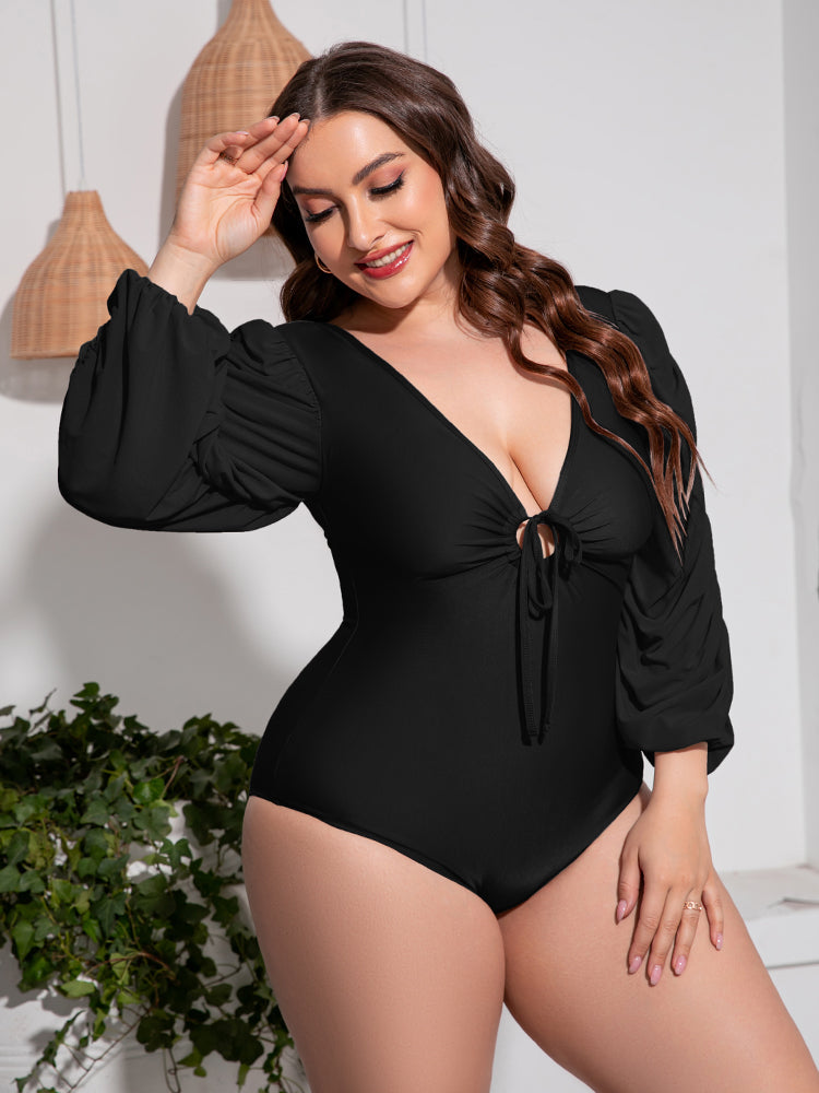 Plus Size Tied Deep V Balloon Sleeve One-Piece Swimsuit VYSN