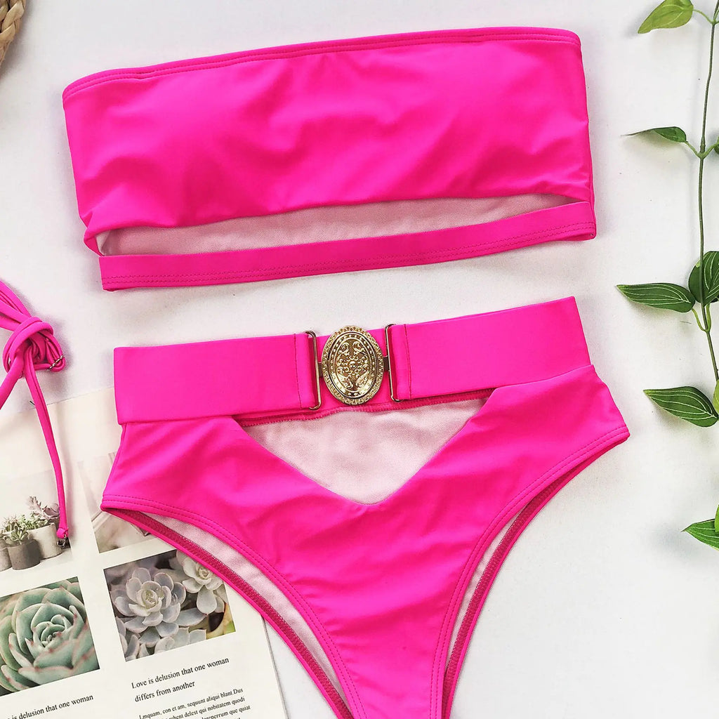Chic Metal Buckle Strapless Bikini Swimsuit for Women Trendy Attic Store01