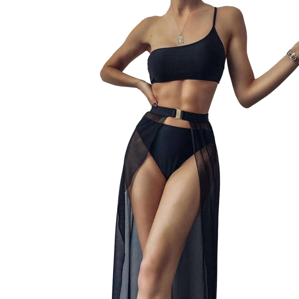 Black Mesh Bikini Cover Up Set Women Bathing Outfits Adults Solid Color One Shoulder Bikini Top  Mesh See Through Crochet Off Shoulder Crop Tops 2 Piece Bikini Swimsuit Cover-ups Beach Summer Outfits Stevvex