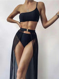 Black Mesh Bikini Cover Up Set Women Bathing Outfits Adults Solid Color One Shoulder Bikini Top  Mesh See Through Crochet Off Shoulder Crop Tops 2 Piece Bikini Swimsuit Cover-ups Beach Summer Outfits Stevvex