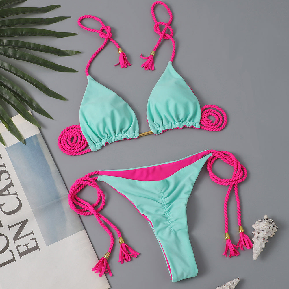 New Festival Flame Halter Bikini Set for Women – Triangle V-Neck Backless Two-Piece Swimsuit with Tie Side Bottoms & Adjustable Lace-Up Fit – Sleek Polyamide Swimwear for Koningsdag/King’s Day & Summer Beach Celebrations Stevvex