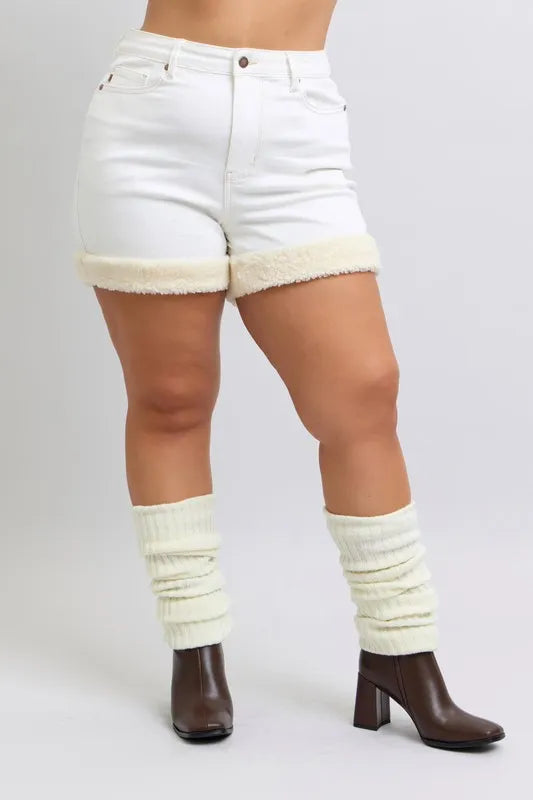 Judy Blue Full Size High Waist Shearling Cuff Denim Shorts Plus Size Selvanelle