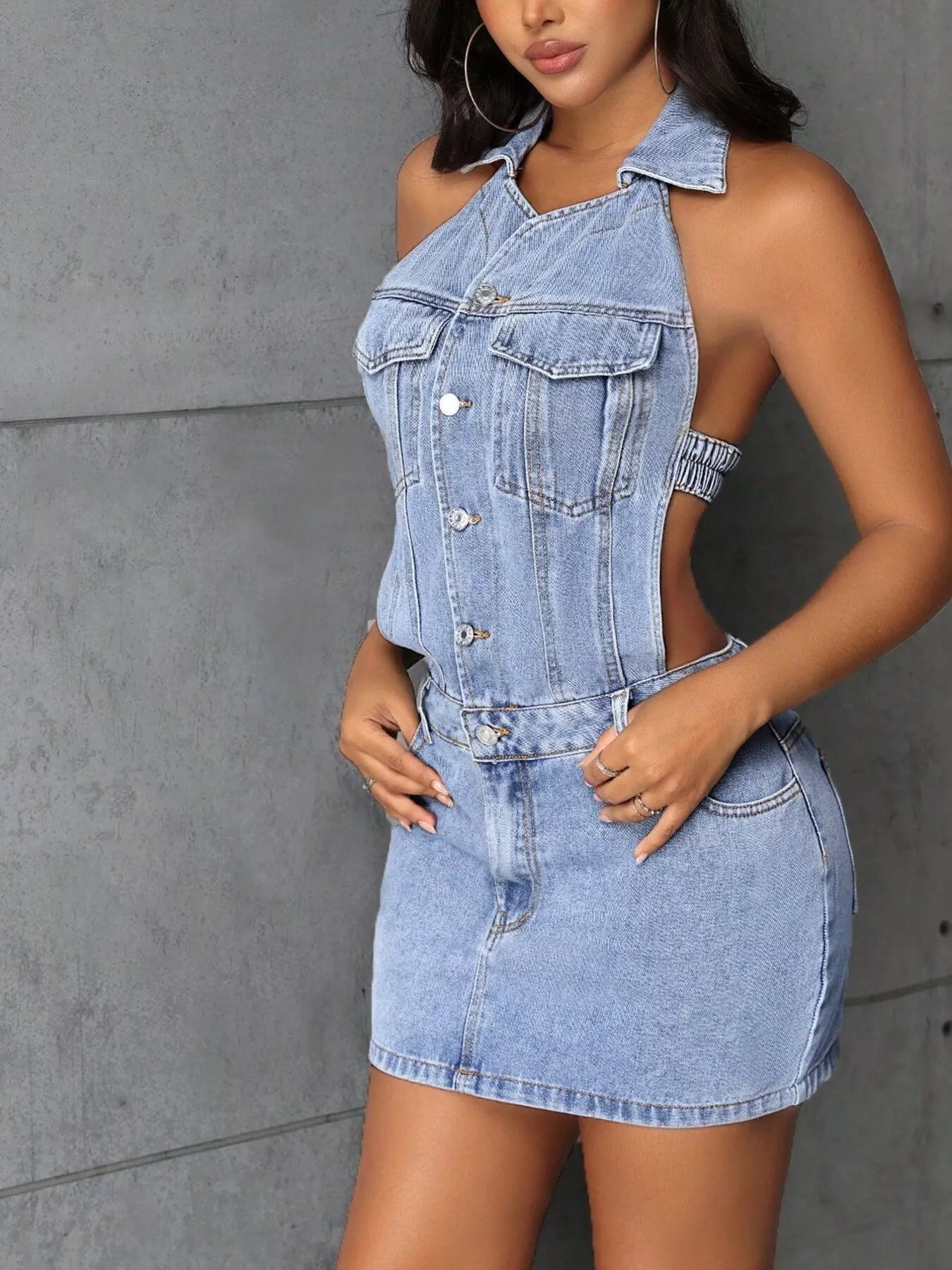 Backless Sleeveless Button Front Denim Mini Dress Shopimist