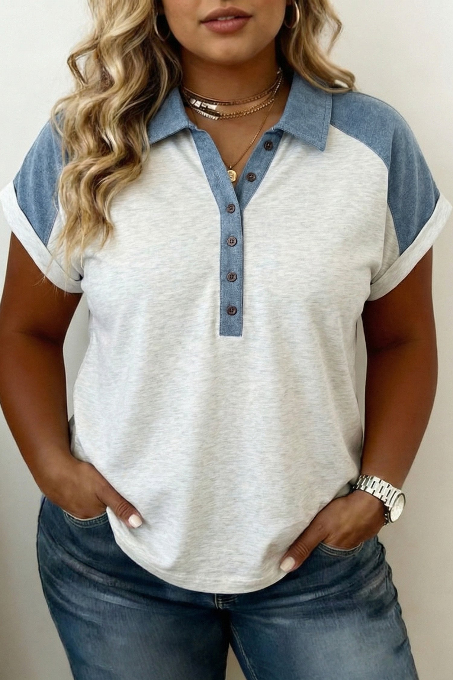 Beige Plus Size Contrast Denim Patchwork Cuffed Sleeve Polo Tee I am a Fashion Junky
