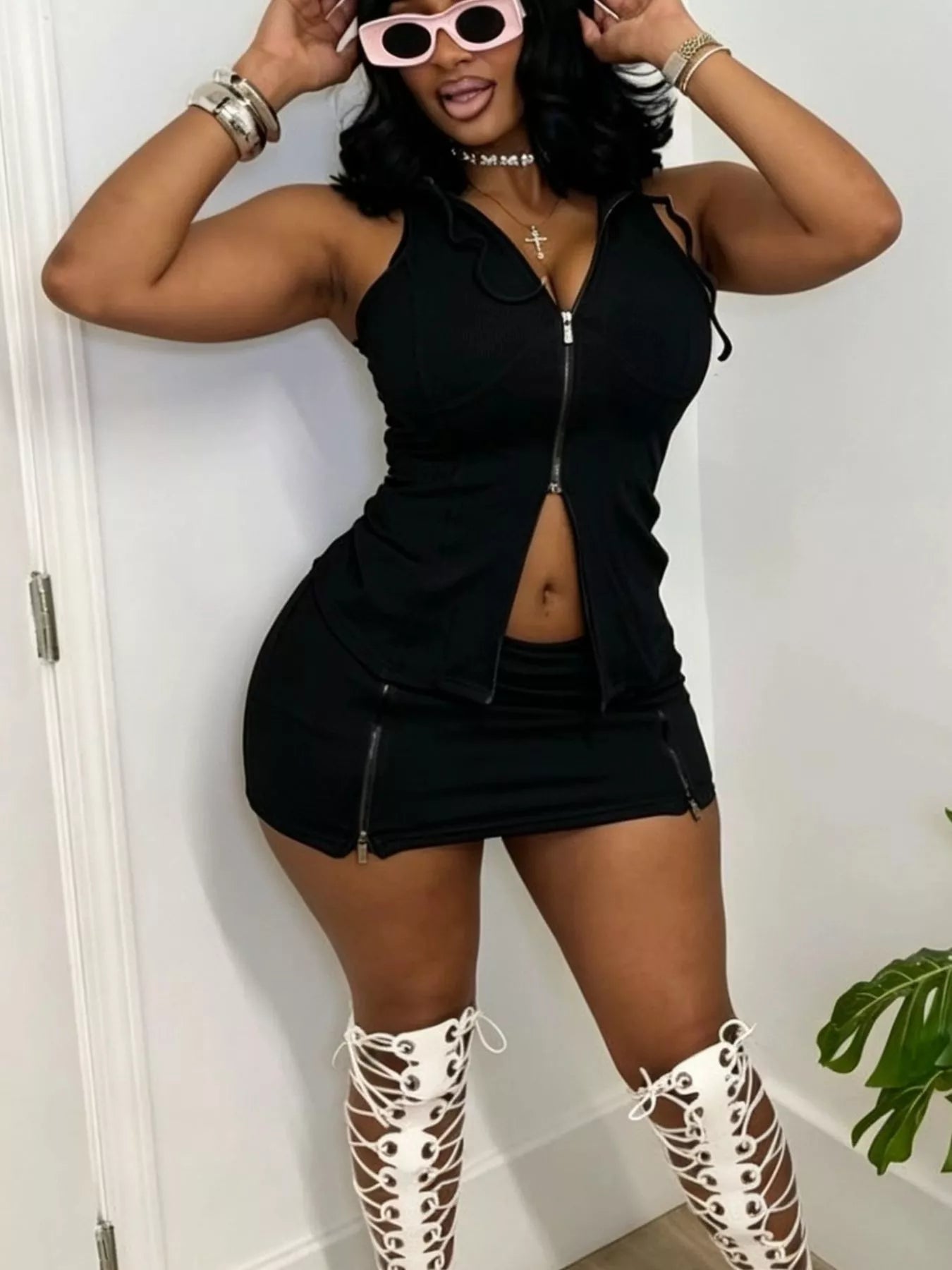 Hooded Zippered Sleeveless Top and Skirt Set Shopimist