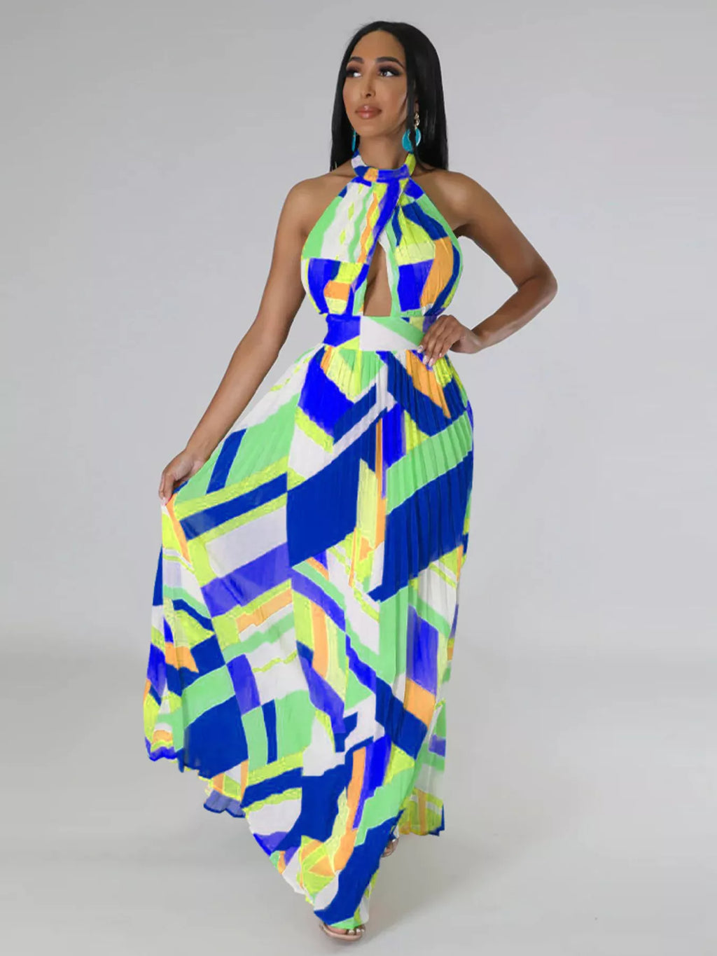 Halter Neck Geometric Print Pleated Maxi Dress Shopimist
