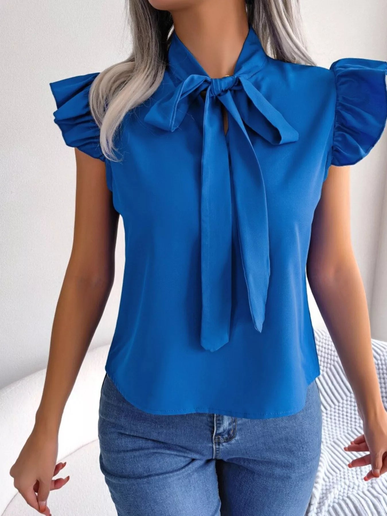 Bow Tie Ruffle Sleeve Blouse Berry Charmz