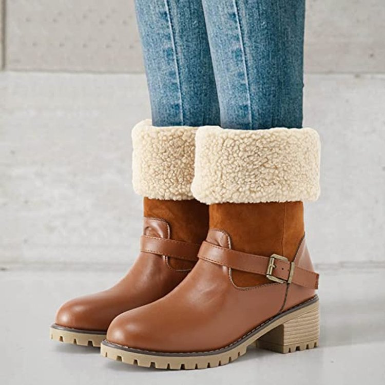 Women's Buckle Chunky Heel Western Boots | Warm Winter Round-Toe Mid Boots Sarah Express