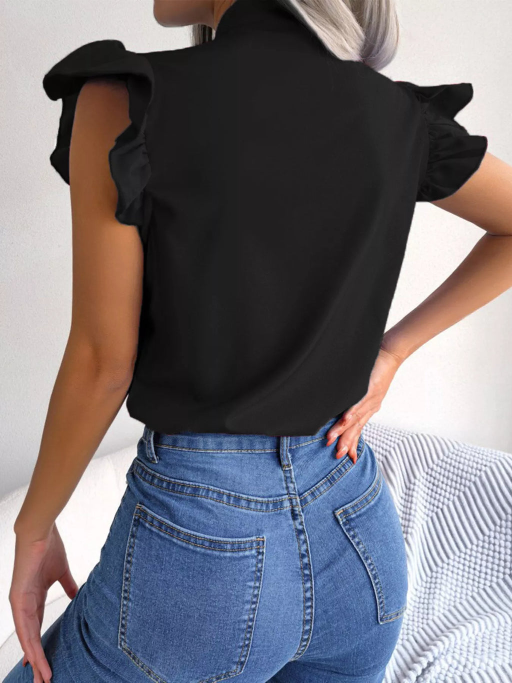 Bow Tie Ruffle Sleeve Blouse Berry Charmz