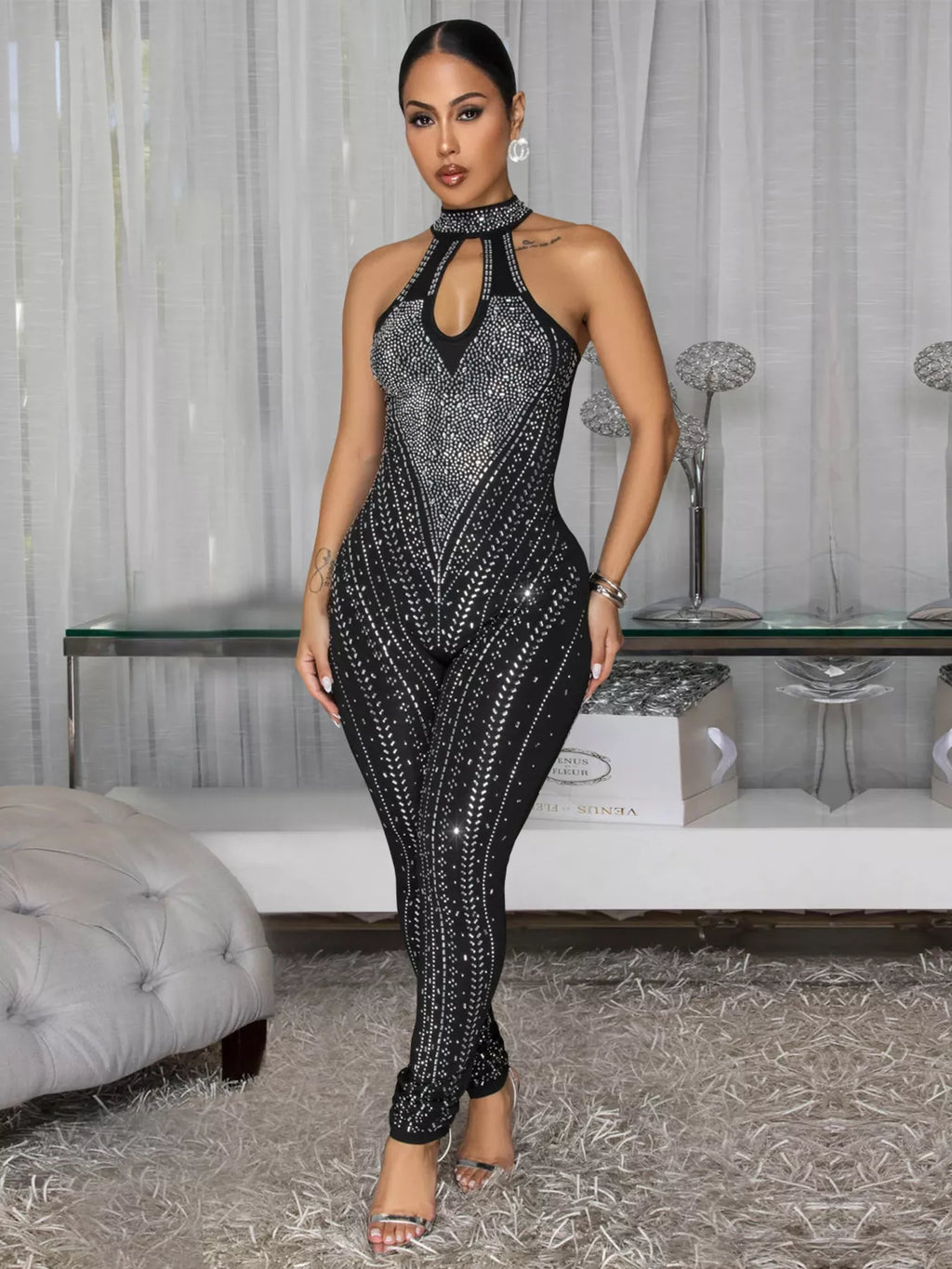 Sparkling Rhinestone Cutout Jumpsuit Shopimist