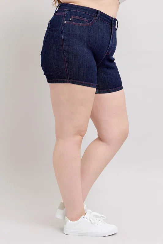 Judy Blue Full Size High Waist Heart Shaped Pkts & Red Contrast Thread Denim Shorts Plus Size Coco’s Tee Boutique