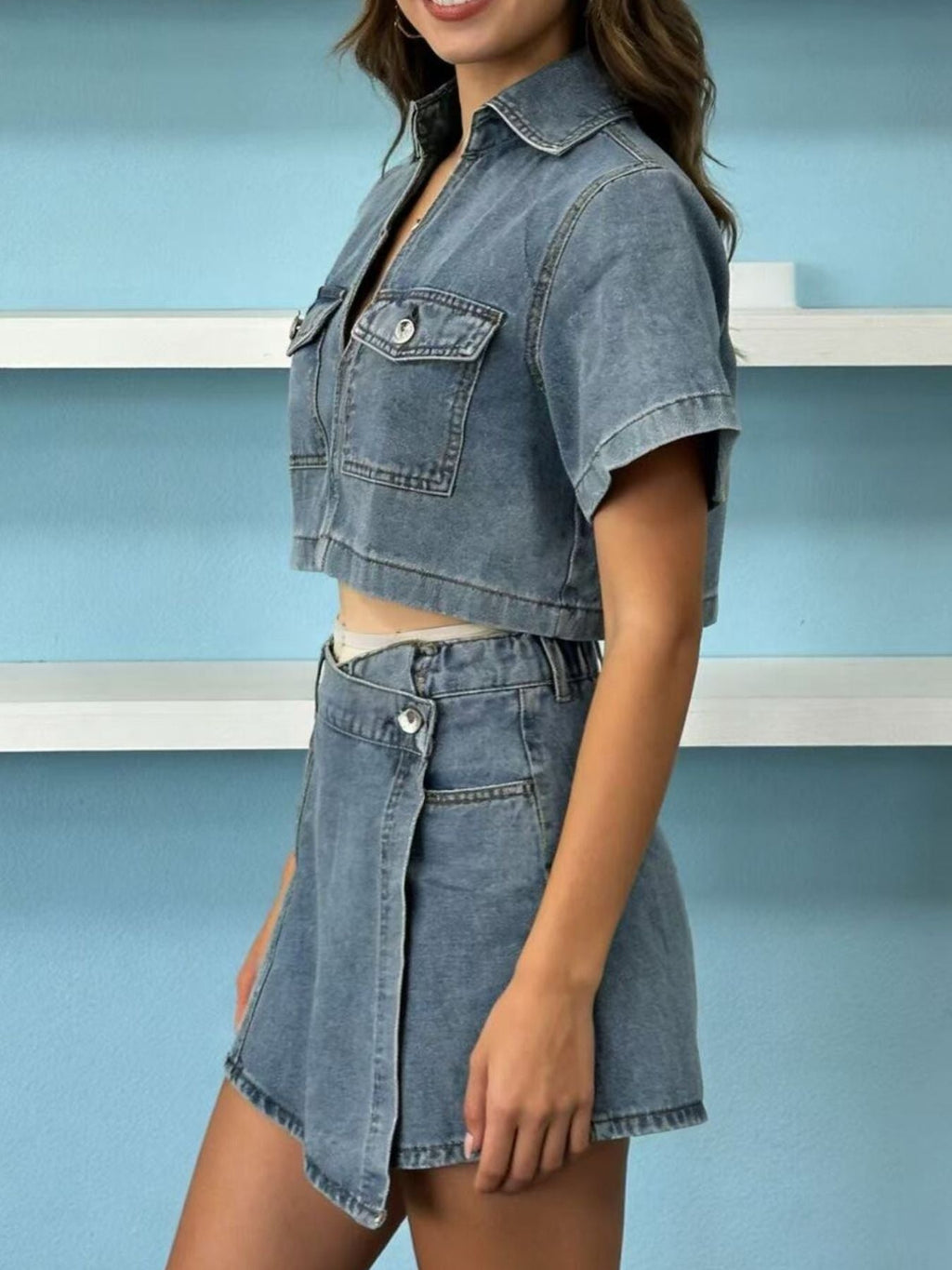 Short Sleeve Cropped Top and Skort Denim Set Wild and Free Boutique