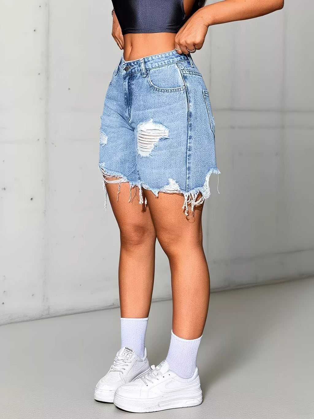 Distressed High Waist Denim Shorts Shopimist