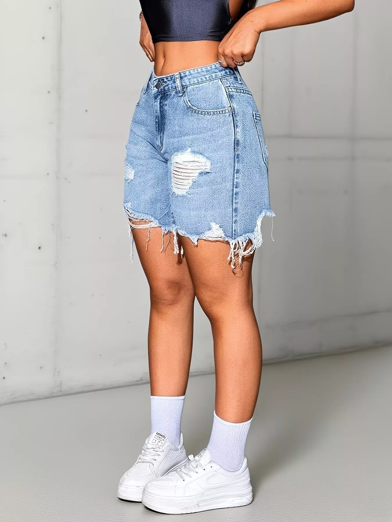 Distressed High Waist Denim Shorts Shopimist