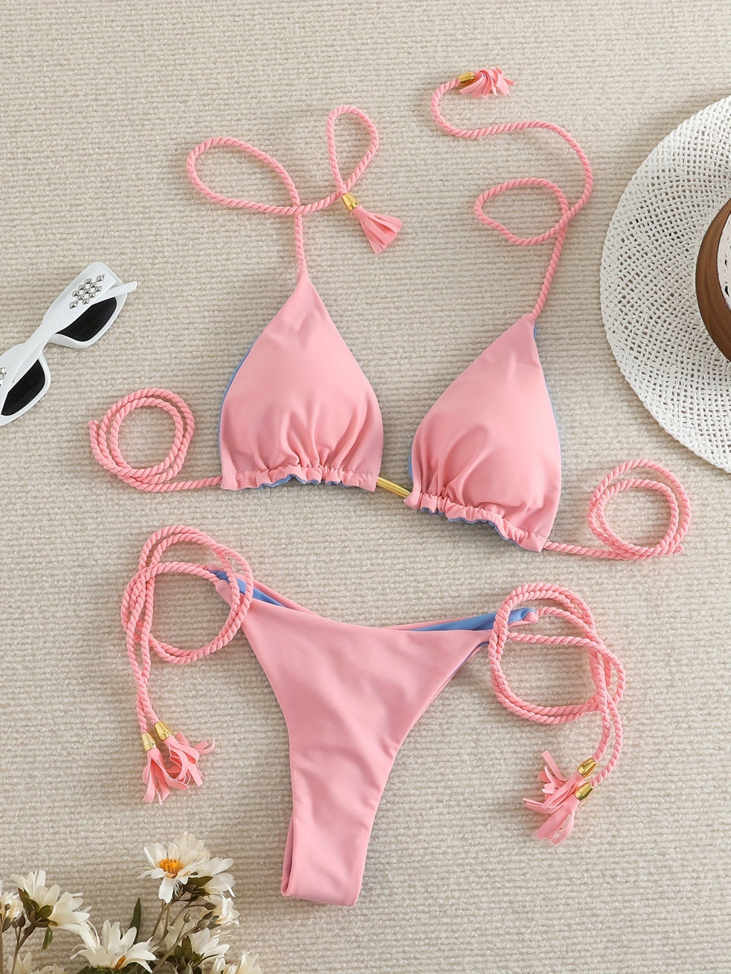 New Festival Flame Halter Bikini Set for Women – Triangle V-Neck Backless Two-Piece Swimsuit with Tie Side Bottoms & Adjustable Lace-Up Fit – Sleek Polyamide Swimwear for Koningsdag/King’s Day & Summer Beach Celebrations Stevvex