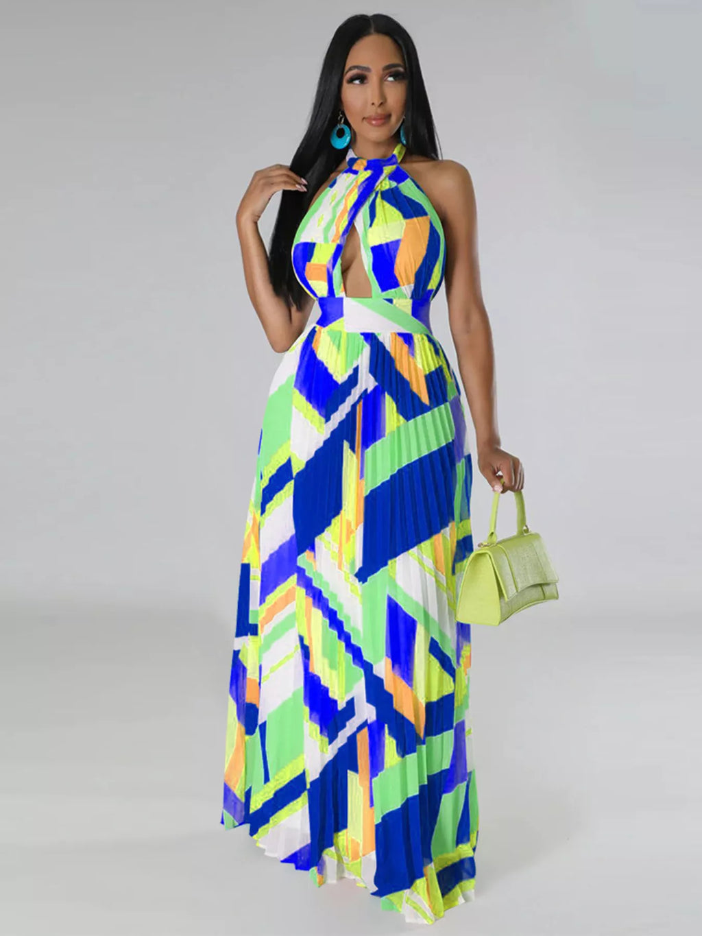 Halter Neck Geometric Print Pleated Maxi Dress Shopimist