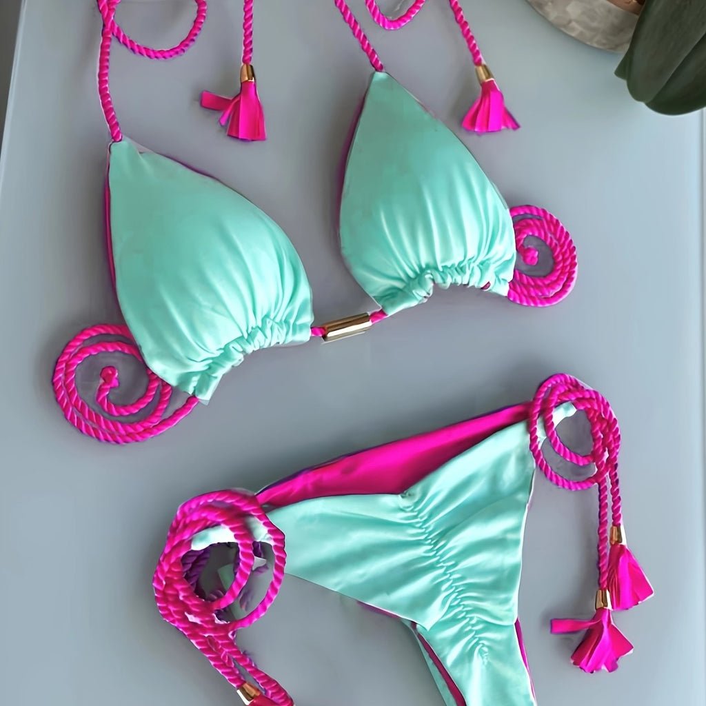 New Festival Flame Halter Bikini Set for Women – Triangle V-Neck Backless Two-Piece Swimsuit with Tie Side Bottoms & Adjustable Lace-Up Fit – Sleek Polyamide Swimwear for Koningsdag/King’s Day & Summer Beach Celebrations Stevvex