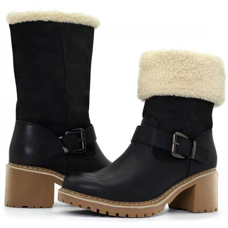 Women's Buckle Chunky Heel Western Boots | Warm Winter Round-Toe Mid Boots Sarah Express