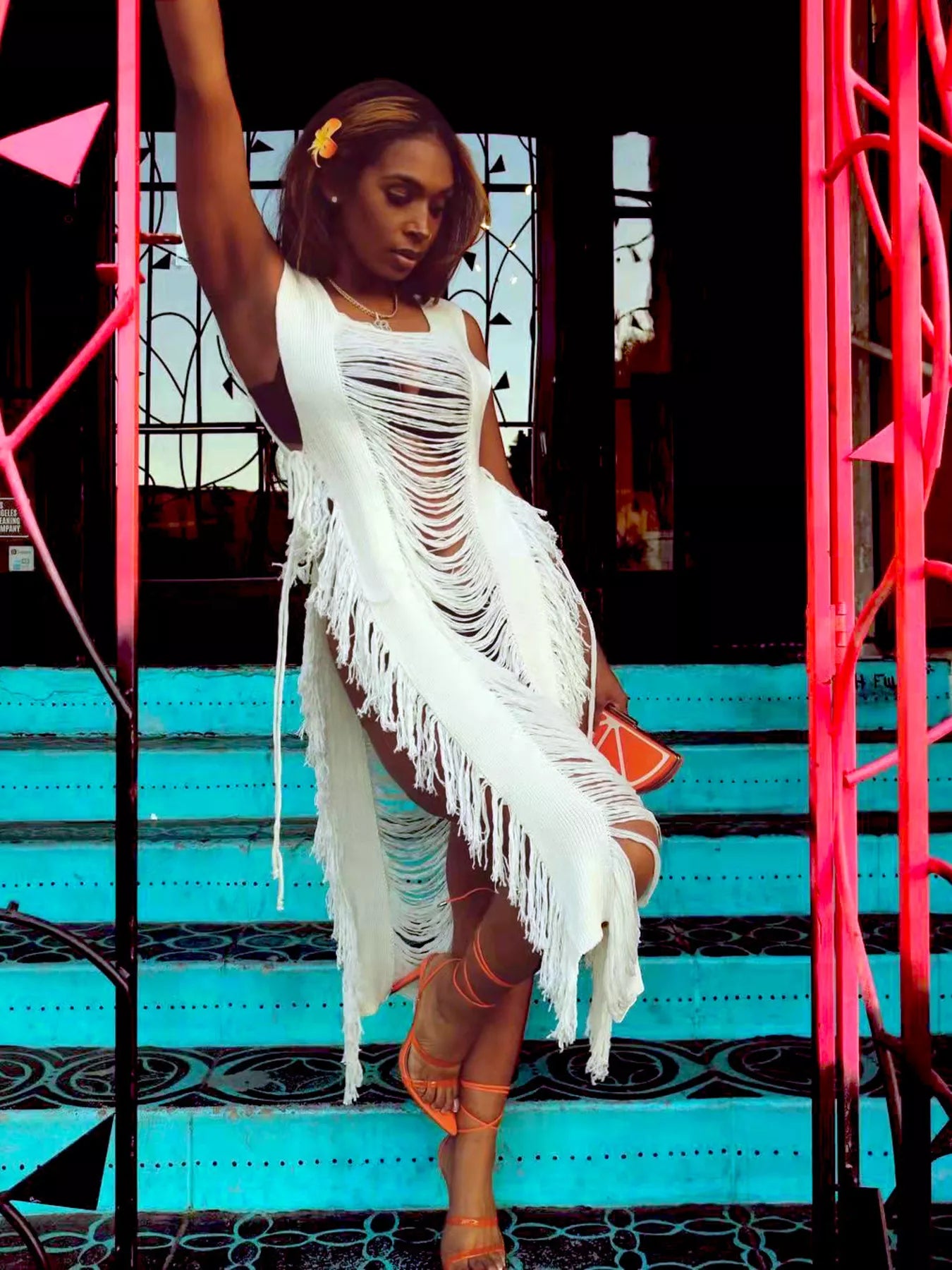 Fringe Split Square Neck Midi Dress Shopimist