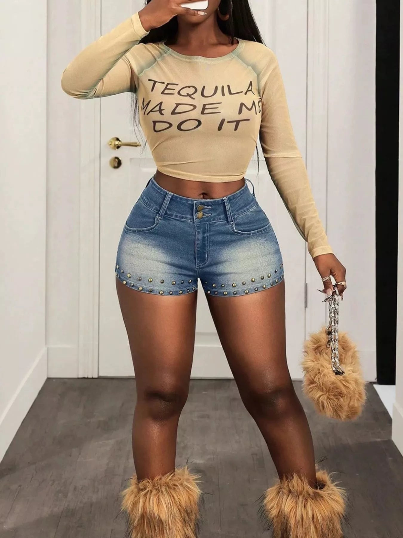 Studded High-Waisted Denim Shorts Shopimist