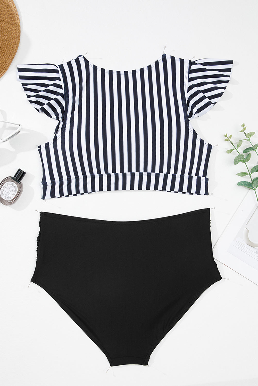 Black Stripe Plus Size Knot Cutout Ruffle Sleeve and High Waisted 2pcs Swimsuit Wild and Free Boutique