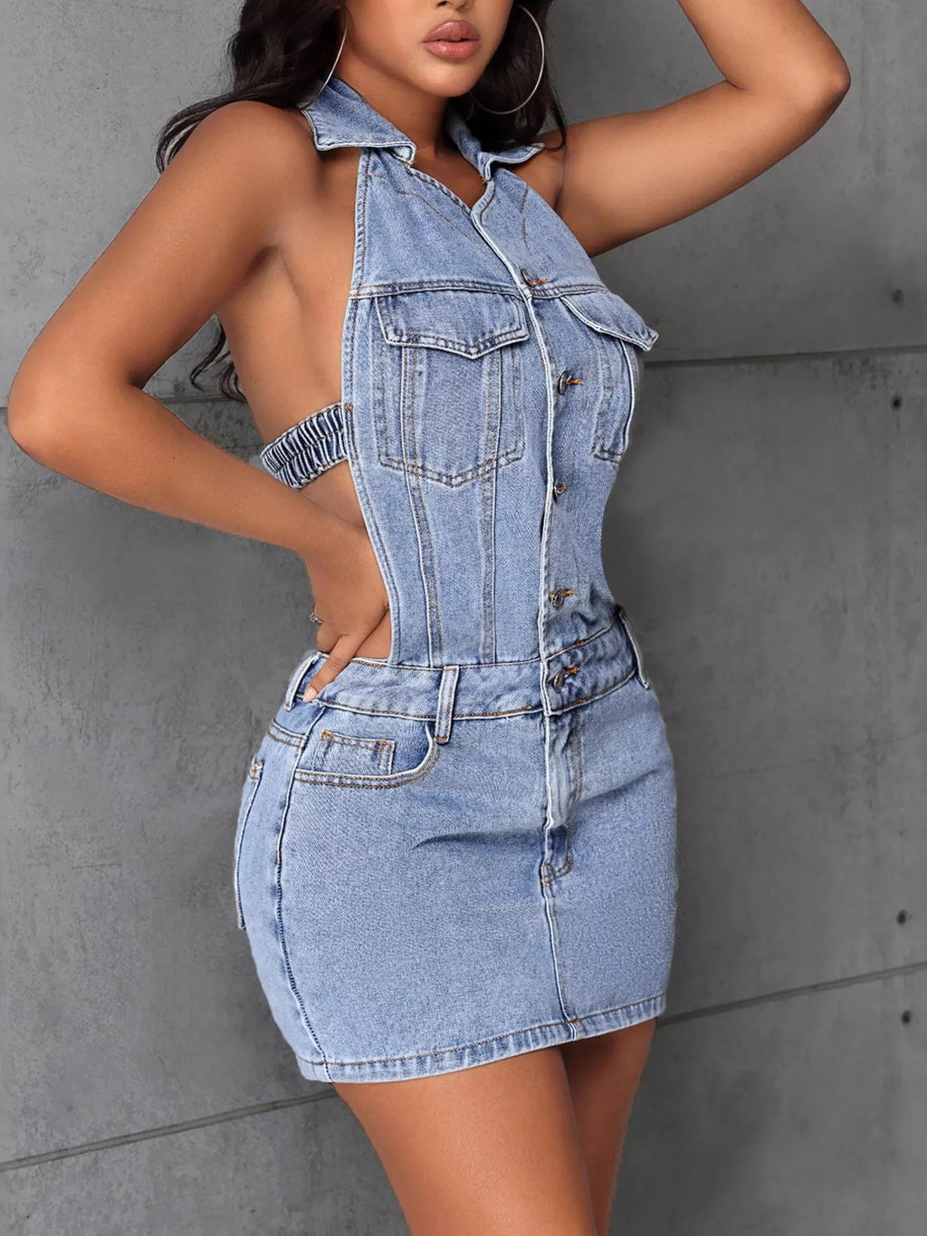 Backless Sleeveless Button Front Denim Mini Dress Shopimist