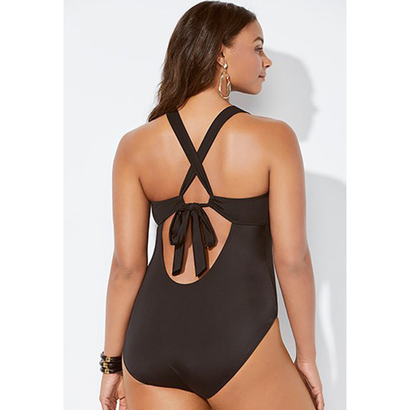 Plus Size Women's  V-Neck Solid Color One Piece Swimsuit FLIPSTYLEZLLC
