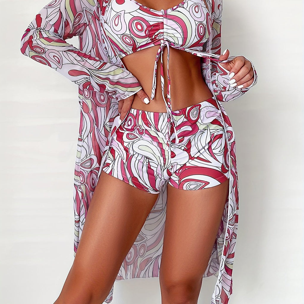 Modern Geo 3-Piece Bikini Set – Vibrant Geometric Print Fluttering Swimwear with V-Neck Top Boxer Shorts Bottoms and Long Sleeve Cover Shirt – Comfortable High-Stretch Women’s Beachwear for Pool & Summer Vacations Stevvex