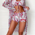 Modern Geo 3-Piece Bikini Set – Vibrant Geometric Print Fluttering Swimwear with V-Neck Top Boxer Shorts Bottoms and Long Sleeve Cover Shirt – Comfortable High-Stretch Women’s Beachwear for Pool & Summer Vacations Stevvex