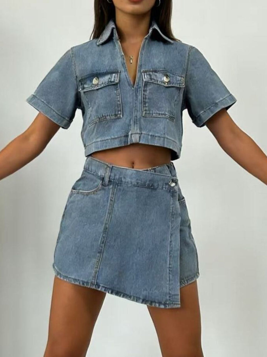 Short Sleeve Cropped Top and Skort Denim Set Wild and Free Boutique