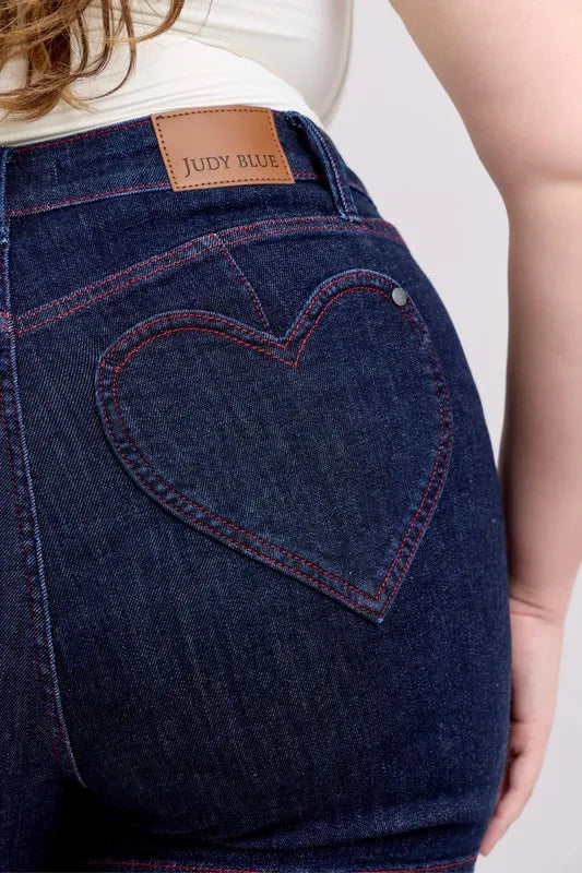 Judy Blue Full Size High Waist Heart Shaped Pkts & Red Contrast Thread Denim Shorts Plus Size Coco’s Tee Boutique