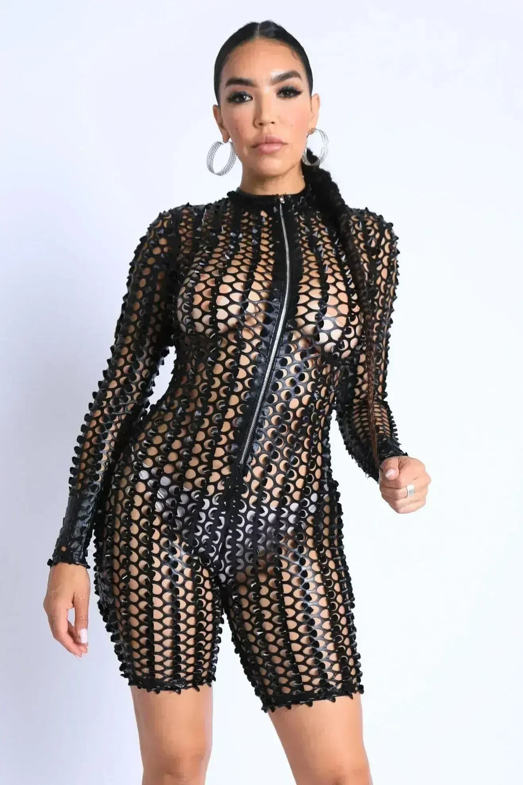 Sexy Club Outfit Romper Long Sleeve Cutting Mesh Bodysuit BLACK Femstylo