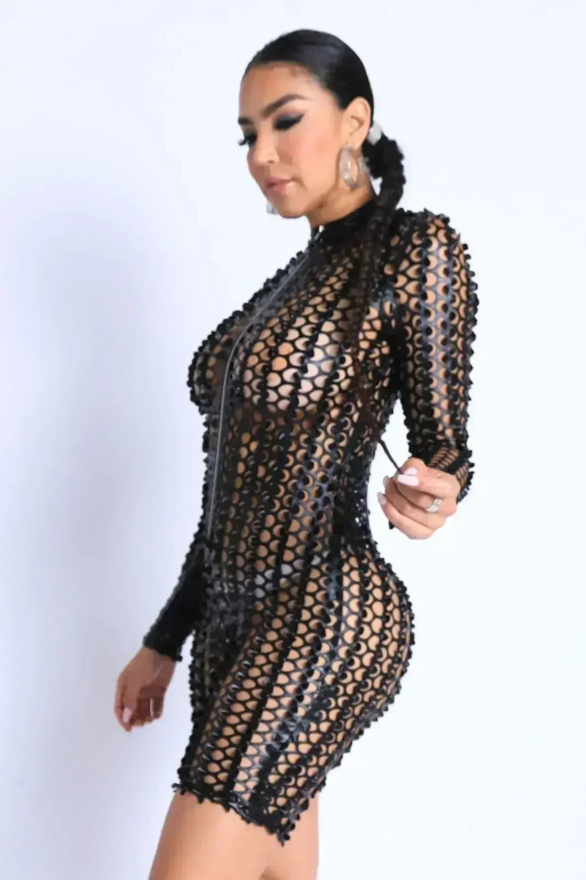 Sexy Club Outfit Romper Long Sleeve Cutting Mesh Bodysuit BLACK Femstylo