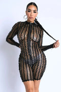 Sexy Club Outfit Romper Long Sleeve Cutting Mesh Bodysuit BLACK Femstylo