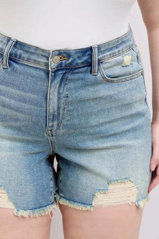 Judy Blue Plus Size High Rise Washed Fly Stitch Detail and Destroy Denim Shorts Creative Chaos Boutique